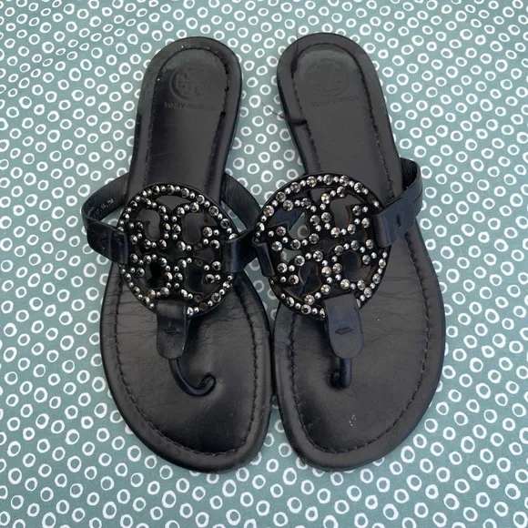 Tory Burch Black Sandals with Embellished Medallion - Picture 1 of 10